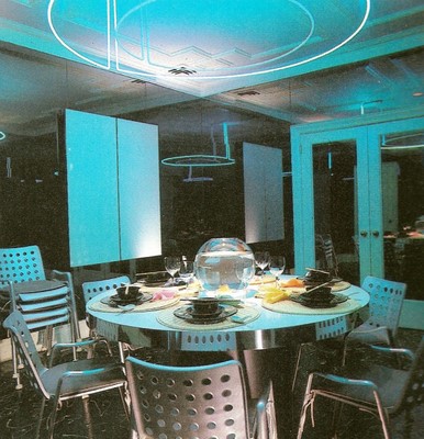 An '80s neon dining room