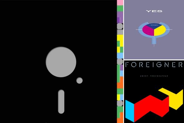 Cover art for releases by the bands New Order, Yes, and Foreigner