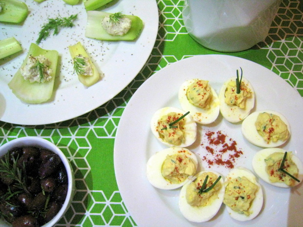 Deviled eggs and celery hearts with goat cheese