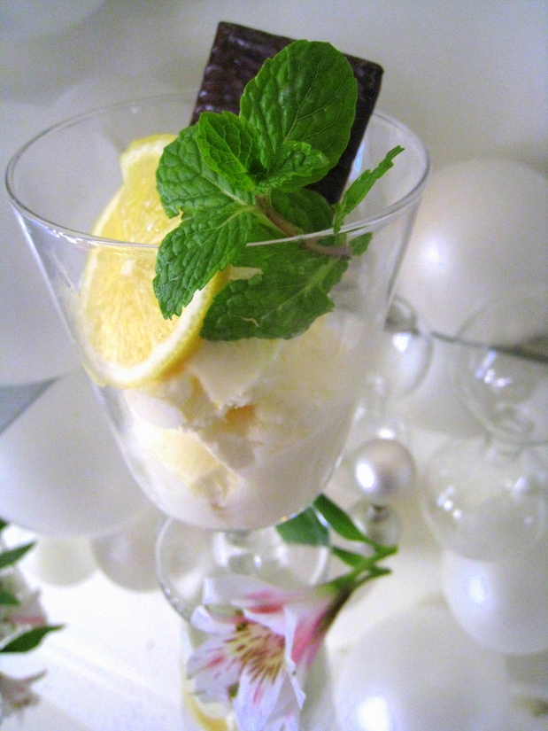 Lemon ice cream with mint and chocolate