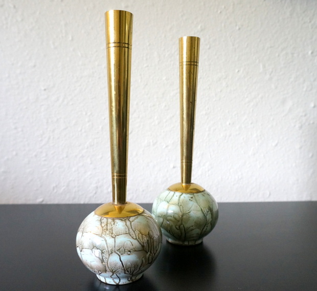 Handpainted retro vases with brass detailing