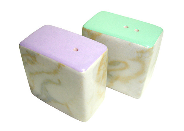 Ceramic salt and pepper shakers with lilac and mint tops