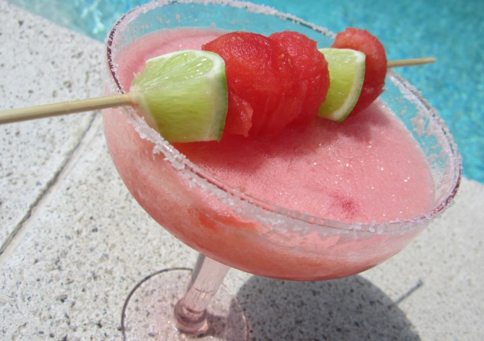 A watermelon margarita with fruity garnishes (copyright Riehl Food)