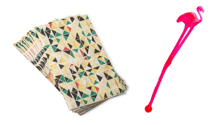 Geo napkins and a flamingo drink stirrer add retro-style flair