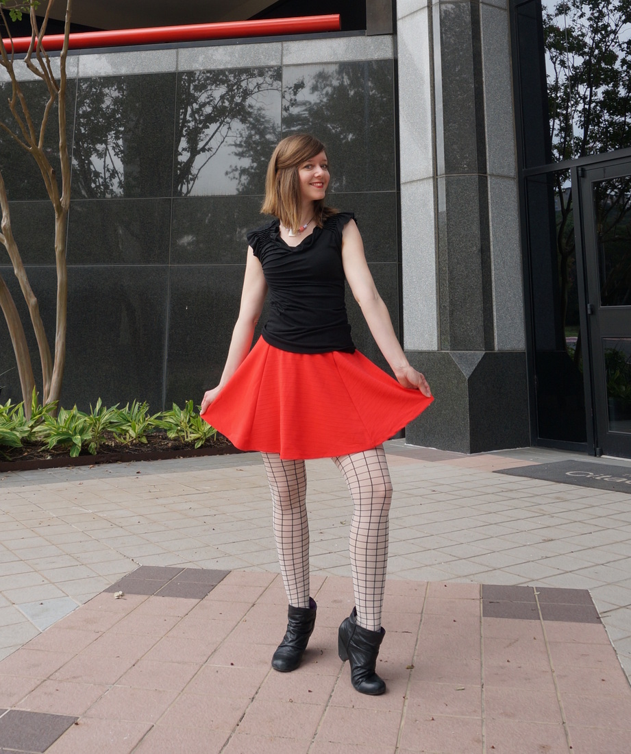 Red skirt and grid tights